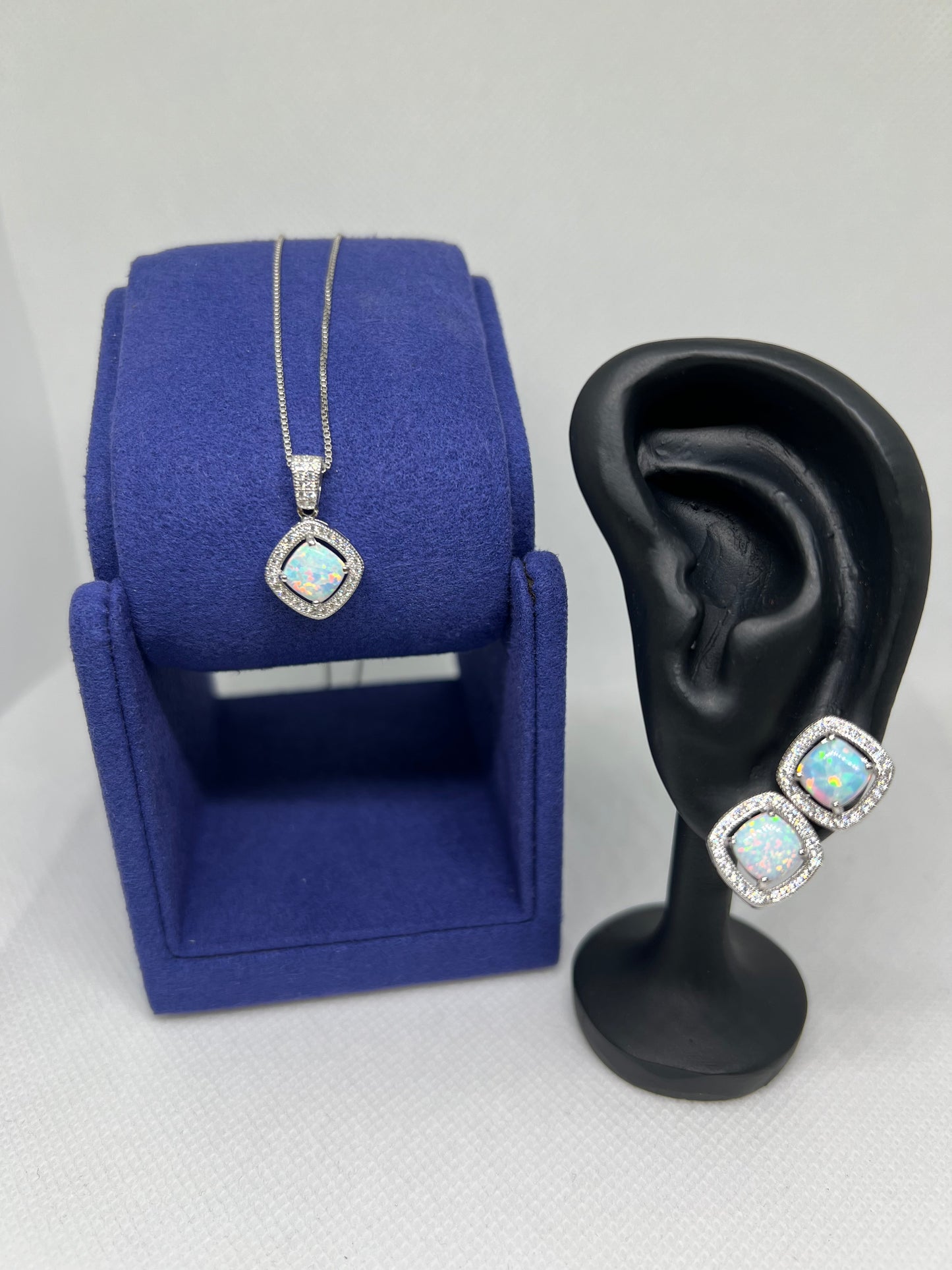 Sterling Silver Opal Halo Square Earring and Pendant Set