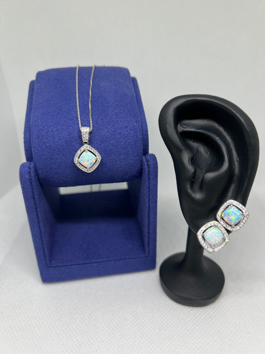 Sterling Silver Opal Halo Square Earring and Pendant Set