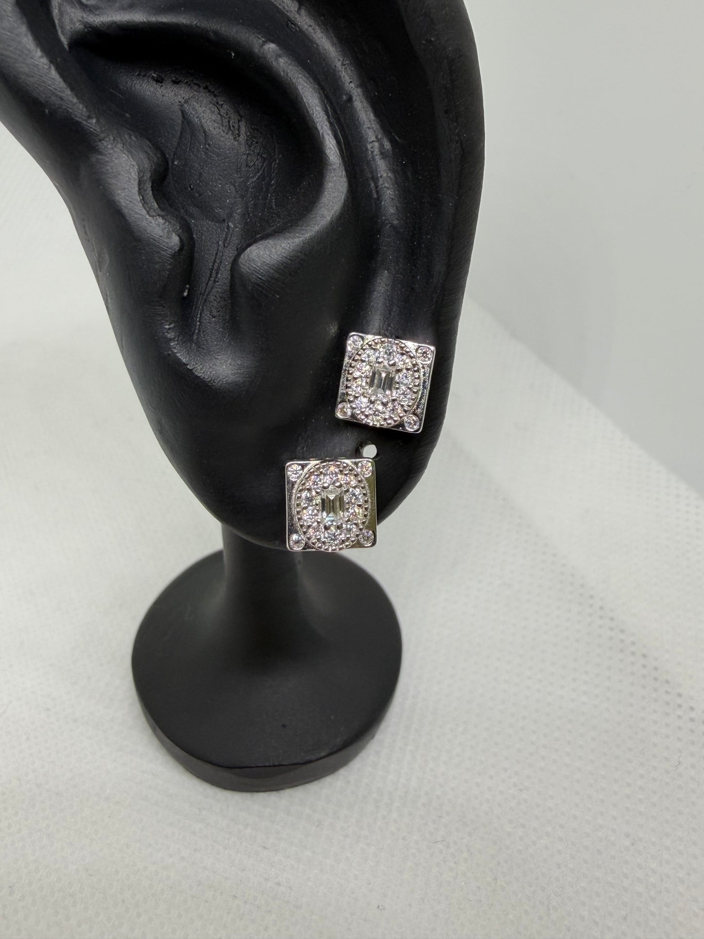 Sterling Silver Square Baguette Center Moissanite Earrings
