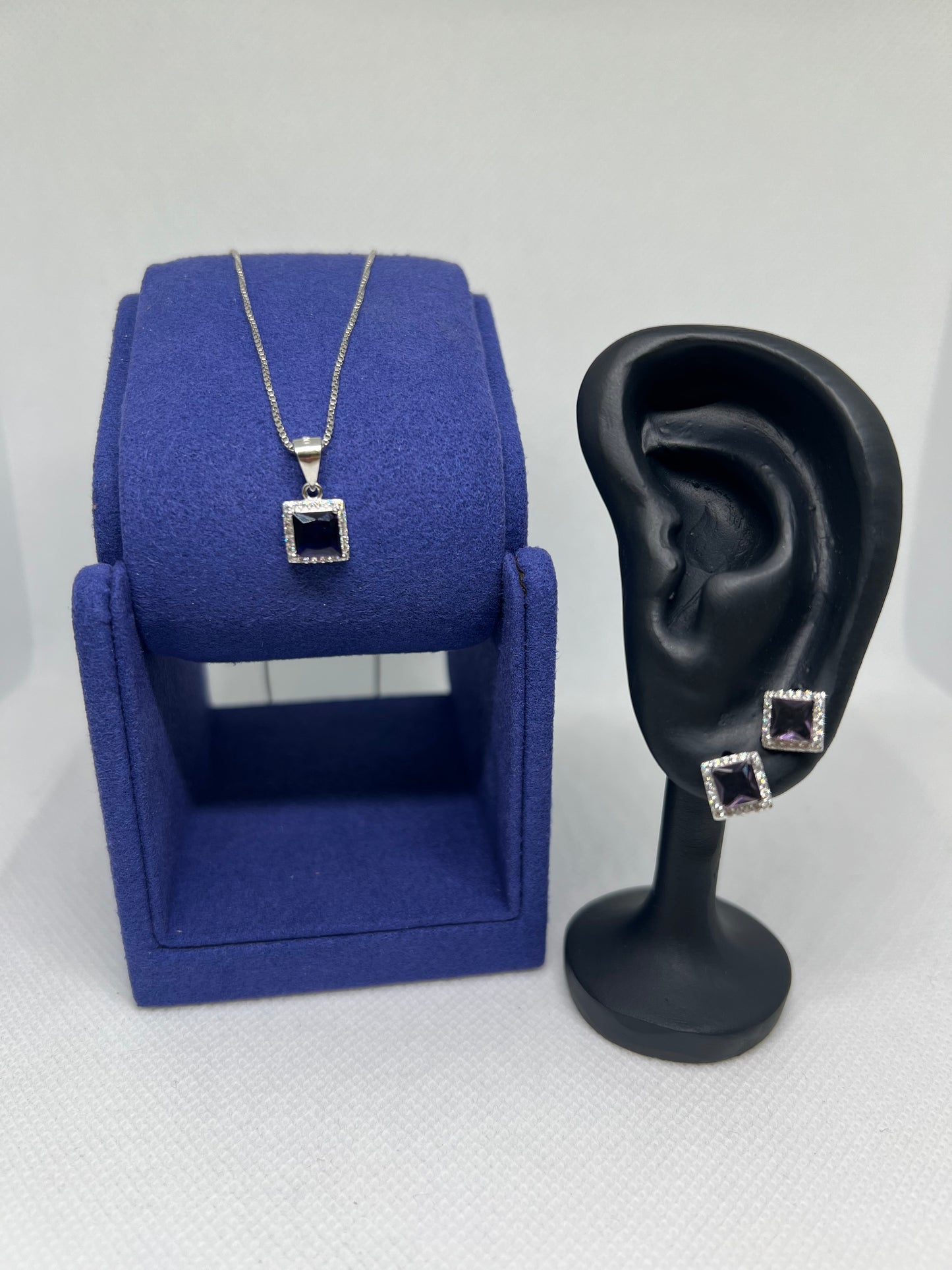 Sterling Silver Purple Diamond Radiant Earring and Pendant Set