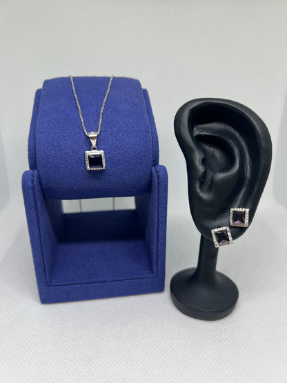 Sterling Silver Purple Diamond Radiant Earring and Pendant Set