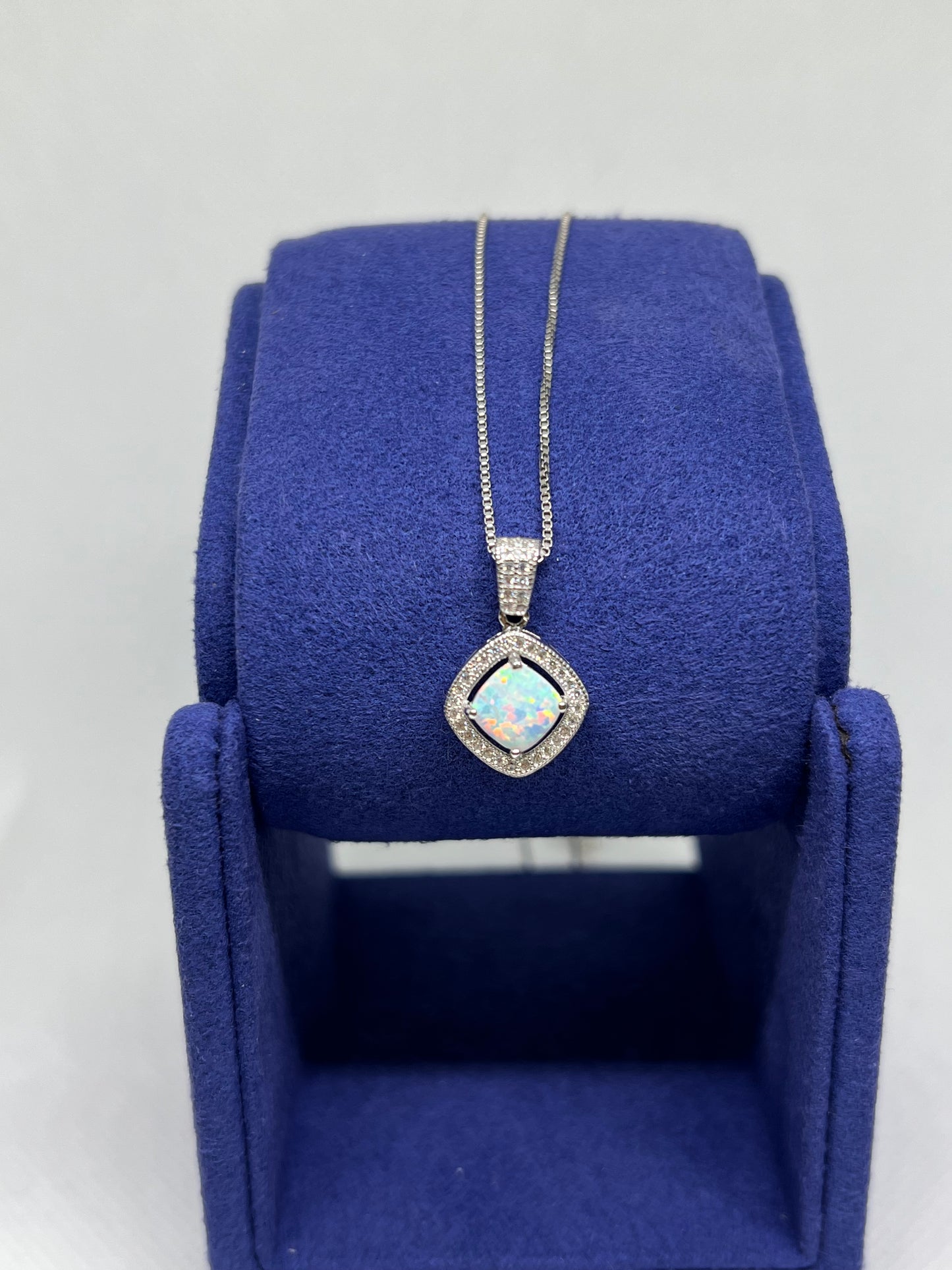Sterling Silver Opal Halo Square Earring and Pendant Set
