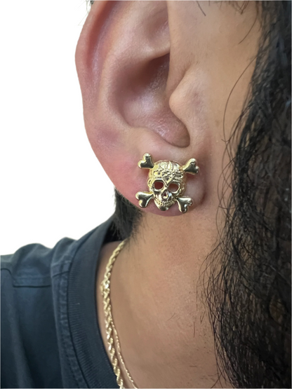 10K Yellow Gold Skull Earrings - Chain Included