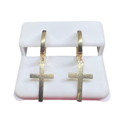 10K Yellow Gold Hanging Cross Earrings - Chain Included