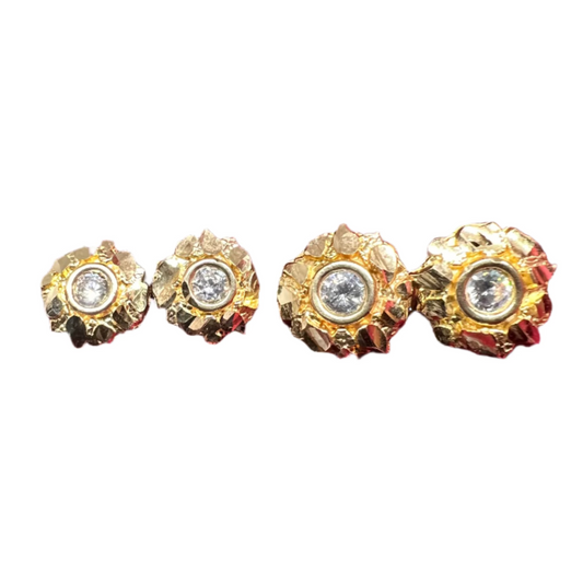 10K Yellow Gold Round CZ Nugget Earrings - Chain Included
