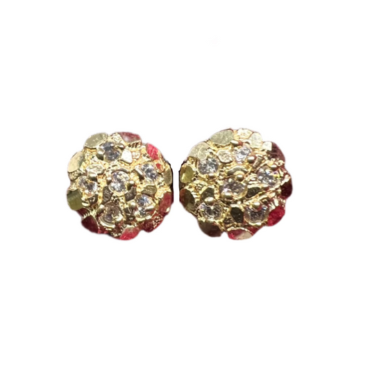 10K Yellow Gold Round Nugget CZ Earrings - Chain Included