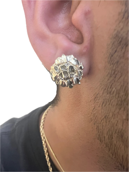 10K Round Gold Nugget Earrings - Chain Included