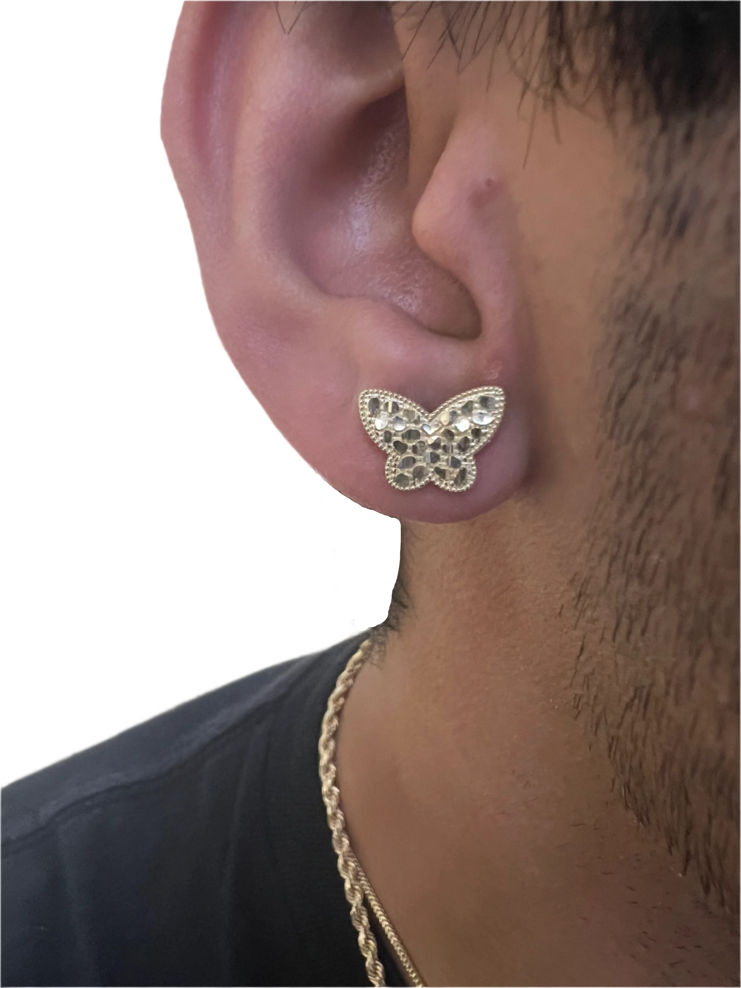 10K Solid Gold Butterfly Nugget Earrings - Chain Included