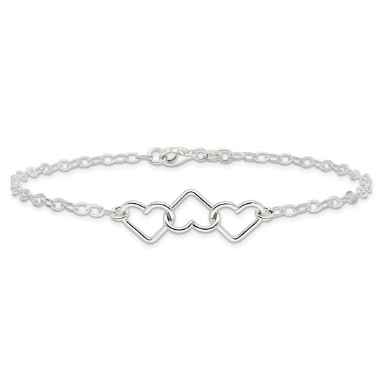 925 Sterling Silver Triple Heart Anklet