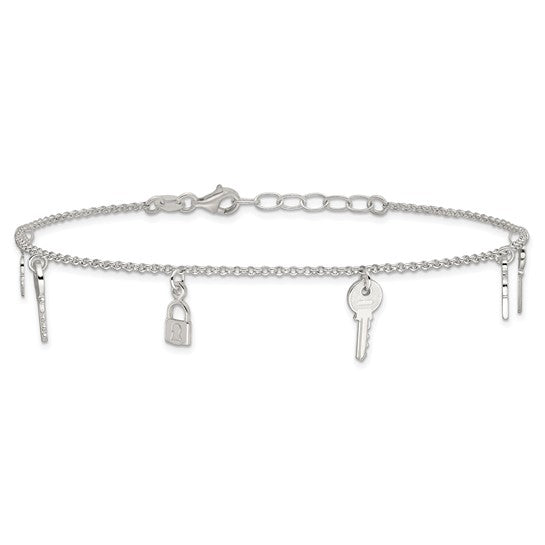 925 Sterling Silver Lock and Key Anklet