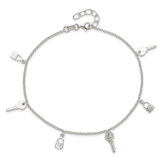 925 Sterling Silver Lock and Key Anklet