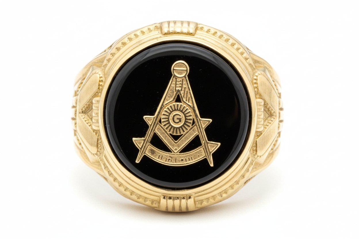 10K Solid Gold Black Onyx Masonic Ring - Size 10
