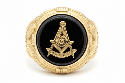 10K Solid Gold Black Onyx Masonic Ring - Size 10
