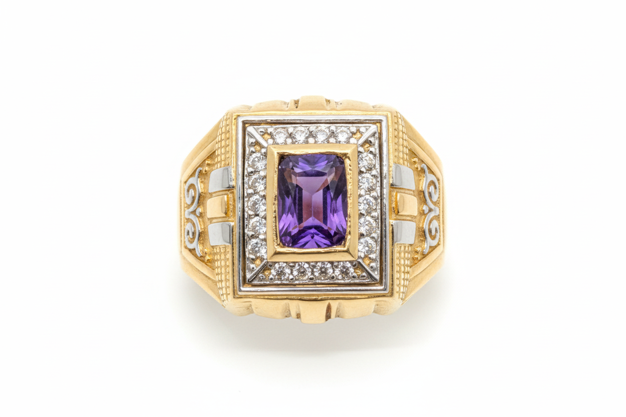 10K Solid Gold Purple Stone Ring - Size 10.5