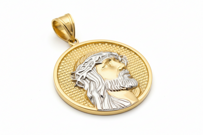 10K Gold Two Tone Jesus Face Circle Pendant