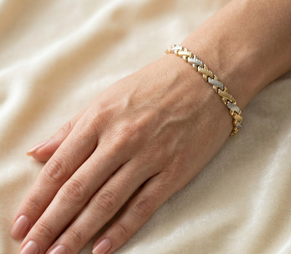 10K Solid Gold Two Tone X Bracelet - 7.75 Inches